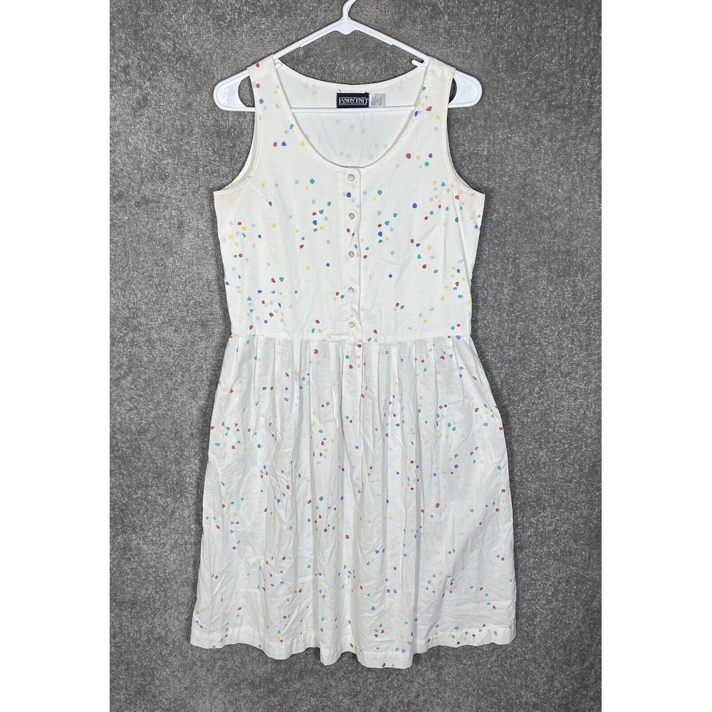 Vintage Lands End Dress Womens Size 10 White Confetti Sleeveless Pleated Pockets